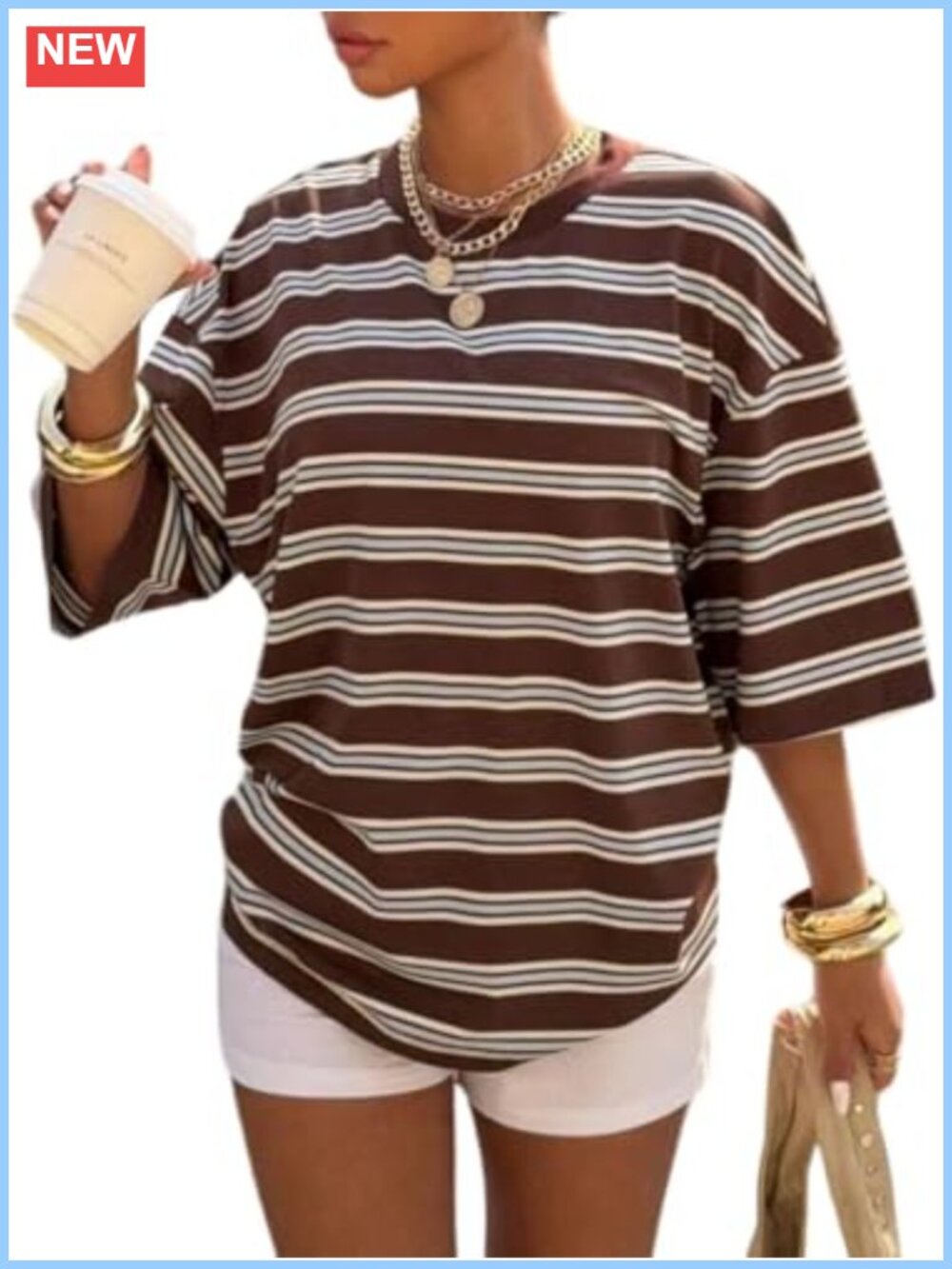 Striped Y2K Oversized Graphic Tee, Drop Shoulder Crew Neck Half Sleeve, Loose